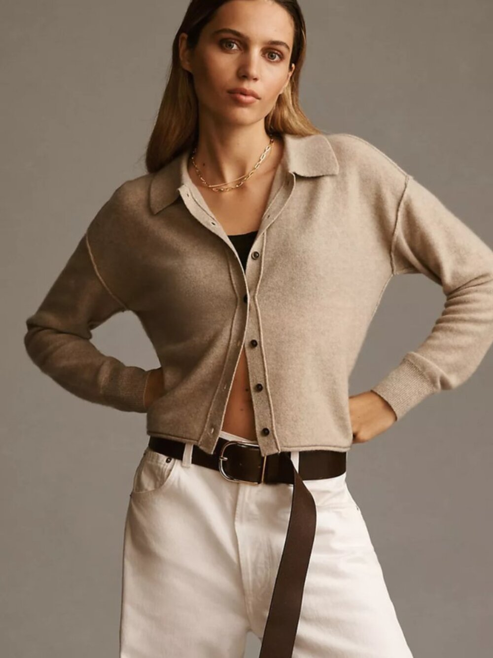 Pilcro Cashmere Cardigan Sweater Collared Taupe Grey Long Sleeve Button Front
